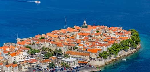 Korcula old town aerial photo Aerial helicopter shoot of Korcula old town. Dubrovnik archipelago - Elaphites islands