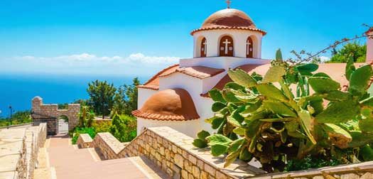 Greek's church with a panorama of sea, Greece Greek's church with a panorama of a sea and blue sky, Greece