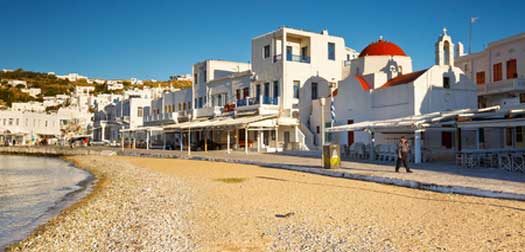 beach and promenade in the old harbor of the mykonos town. beach and promenade in mykonos town.